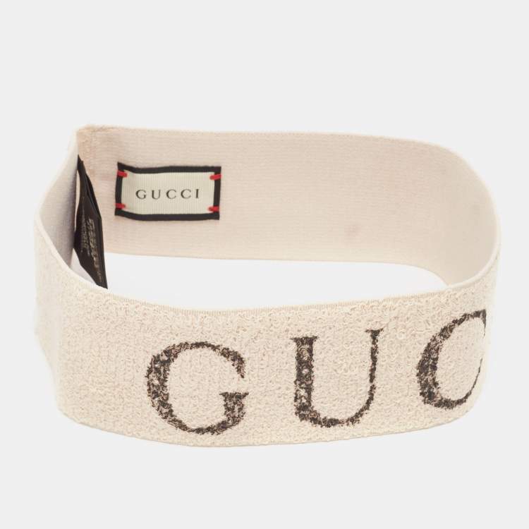 Pre Owned Gucci Beige Logo Patterned Stretch Knit Head Band 