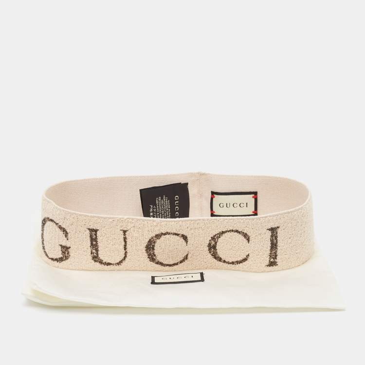 Pre Owned Gucci Beige Logo Patterned Stretch Knit Head Band 