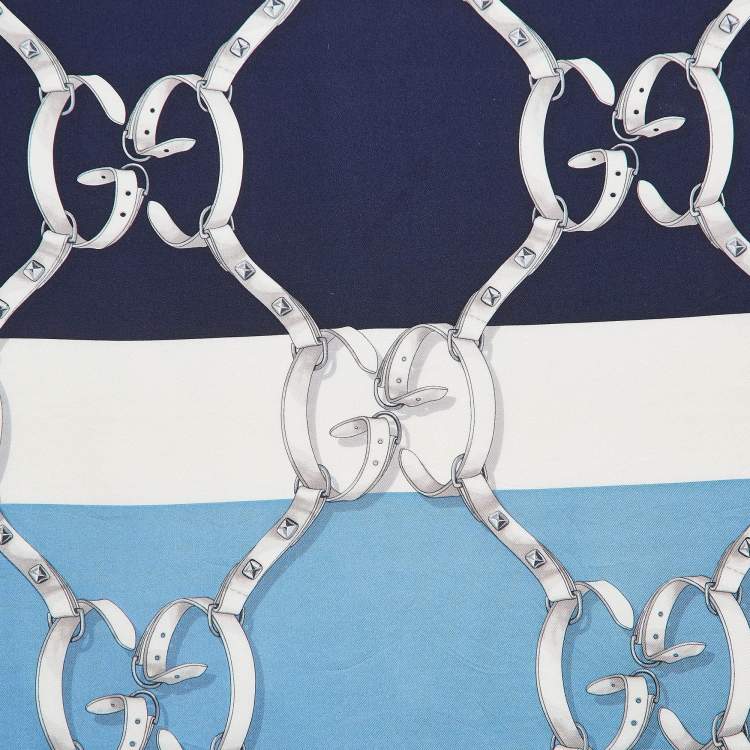 Pre Owned Gucci Blue GG Belt Print Silk Scarf