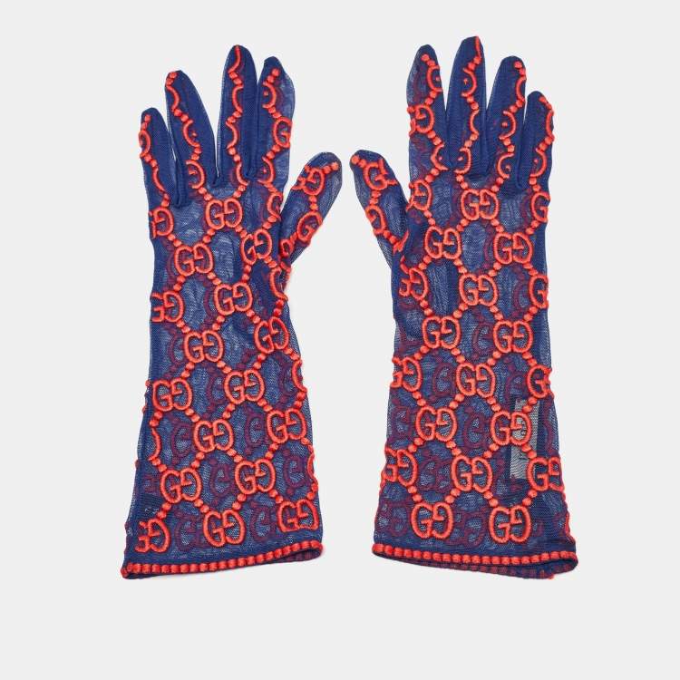 Pre Owned Gucci Blue/Red GG Embroidered Tulle Gloves M