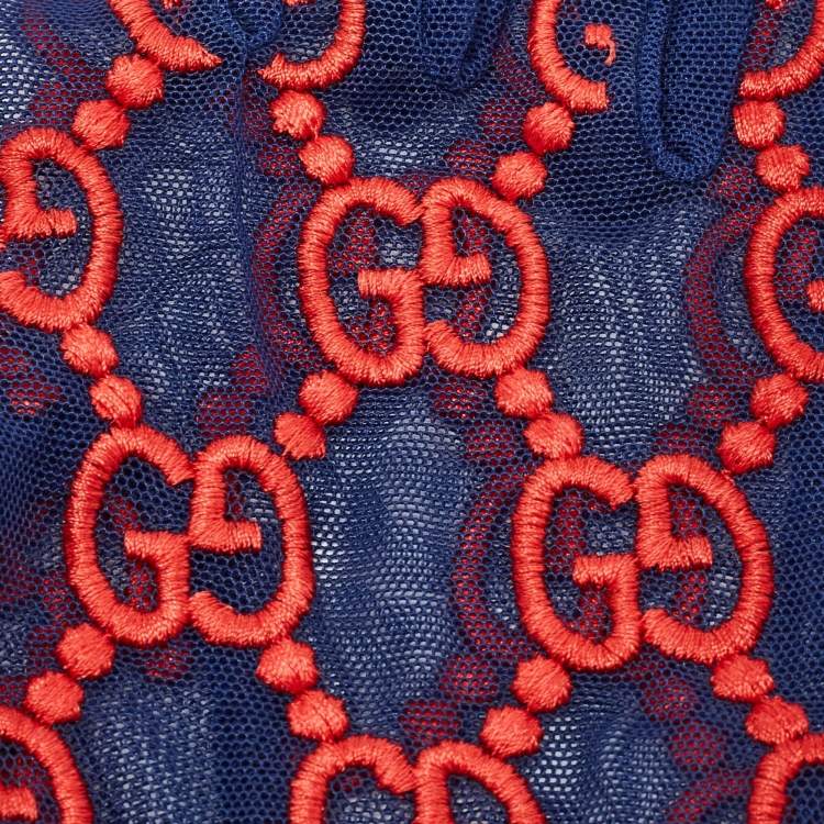 Pre Owned Gucci Blue/Red GG Embroidered Tulle Gloves M
