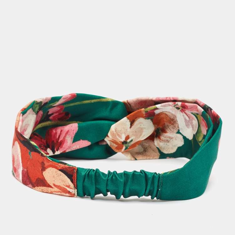 Pre Owned Gucci Green Blooms Print Silk Headband
