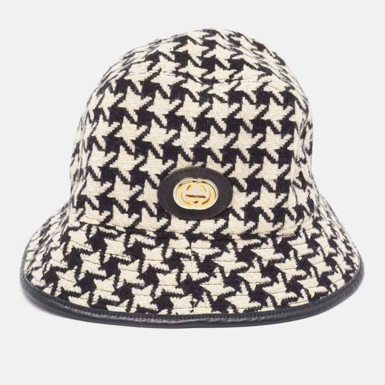 Pre Owned Gucci Monochrome Houndstooth Wool & Cotton Bucket Hat M