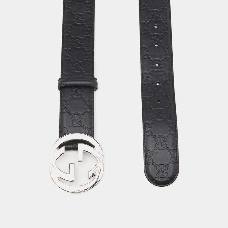 Pre Owned Gucci Black Guccissima Leather Interlocking GG Buckle Belt 80CM