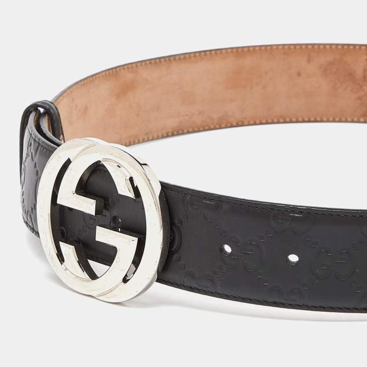 Pre Owned Gucci Black Guccissima Leather Interlocking GG Buckle Belt 80CM