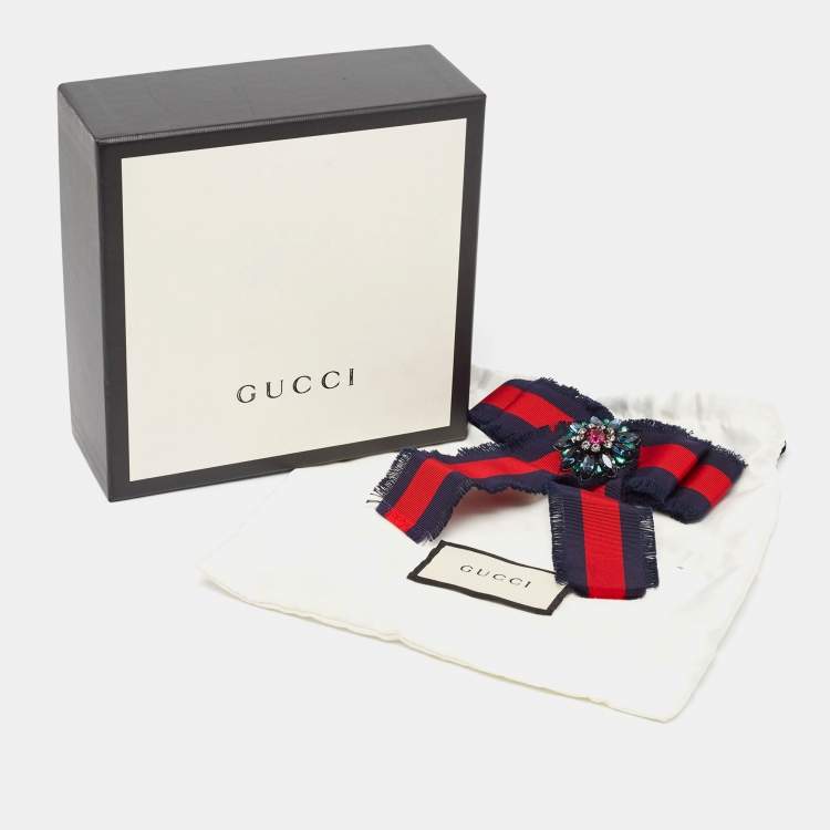 Pre Owned Gucci Navy Blue/Red Web Grosgrain Ribbon Bow Pin Brooch