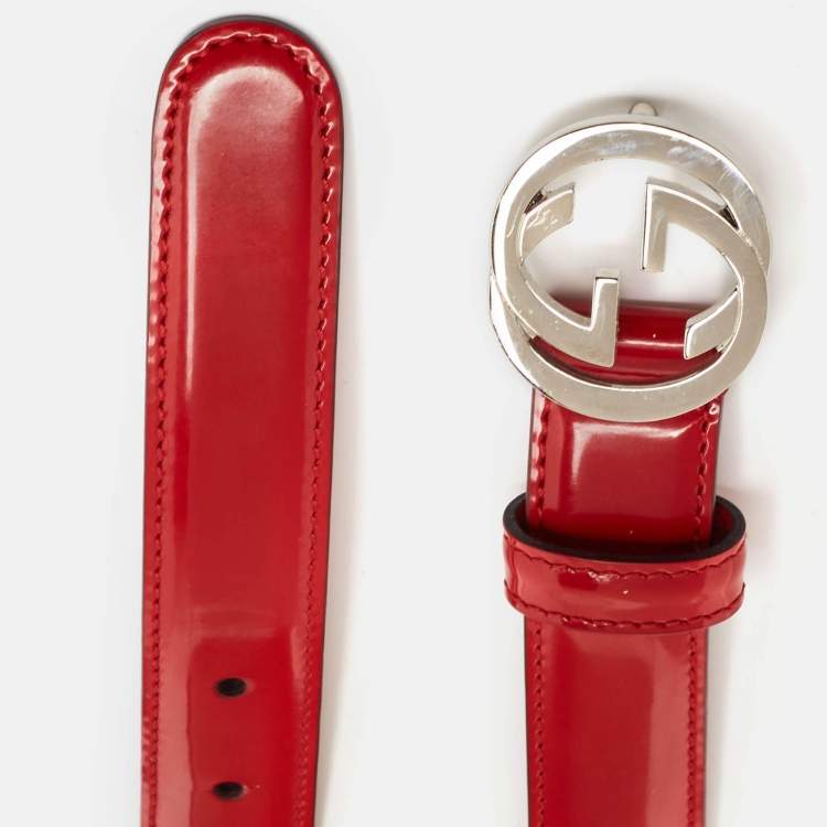 Pre Owned Gucci Red Patent Leather Interlocking G Buckle Belt 80CM