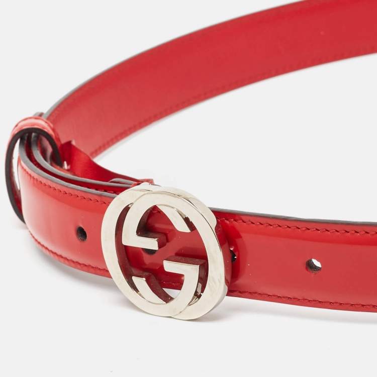Pre Owned Gucci Red Patent Leather Interlocking G Buckle Belt 80CM