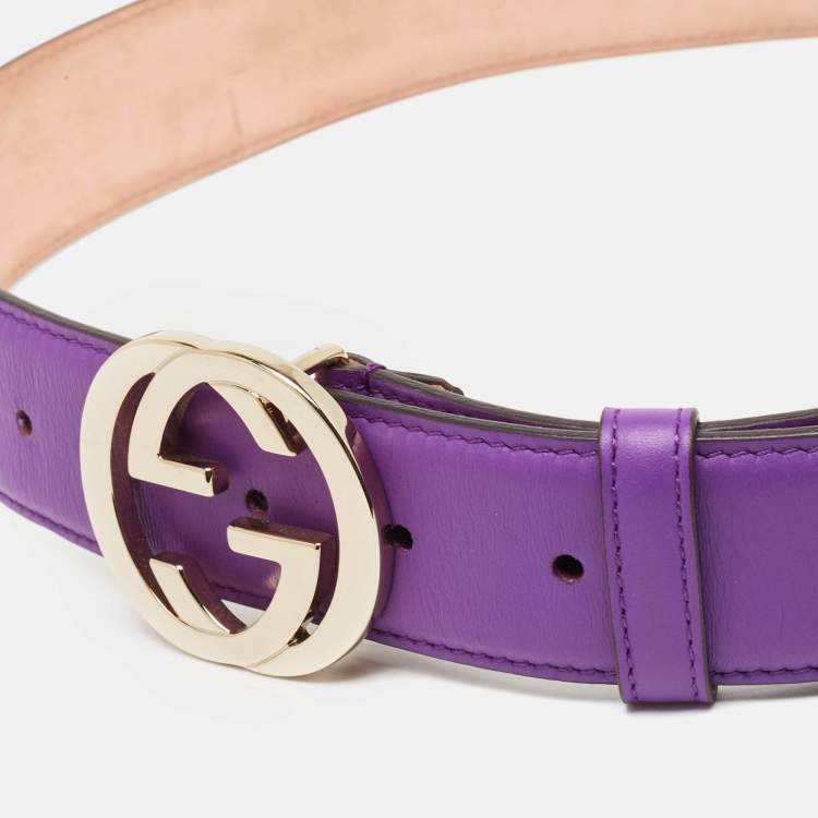 Pre Owned Gucci Purple Leather Interlocking G Buckle Belt 80CM