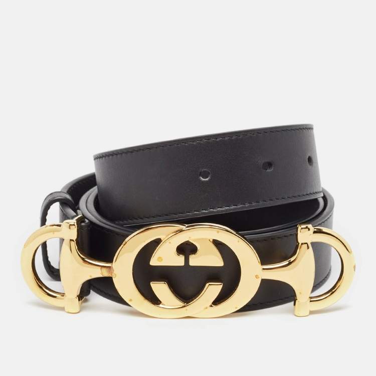 Pre Owned Gucci Black Leather Zumi Buckle Belt 95CM