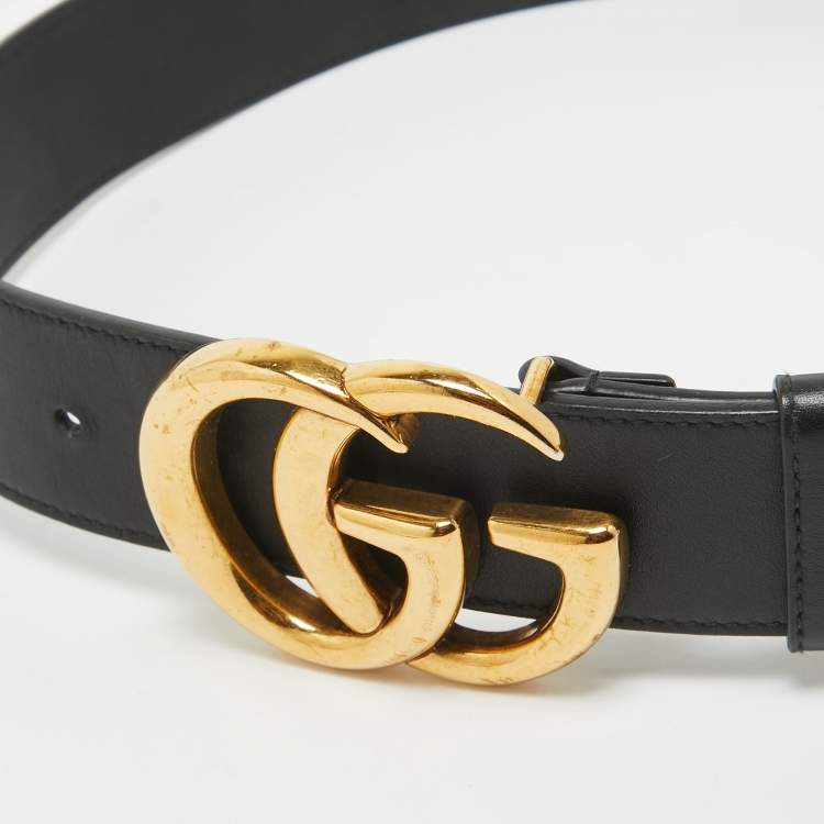 Pre Owned Gucci Black Leather GG Marmont Buckle Belt 70CM