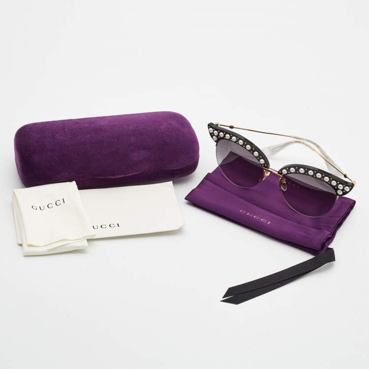Pre Owned Gucci Black Gradient GG0212S Pearl Studded Cat Eye Sunglasses