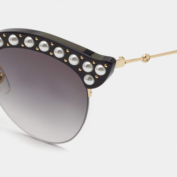 Pre Owned Gucci Black Gradient GG0212S Pearl Studded Cat Eye Sunglasses
