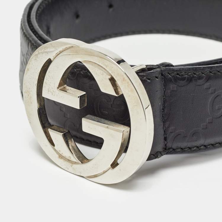 Pre Owned Gucci Black Guccissima Leather Interlocking G Buckle Belt 90CM