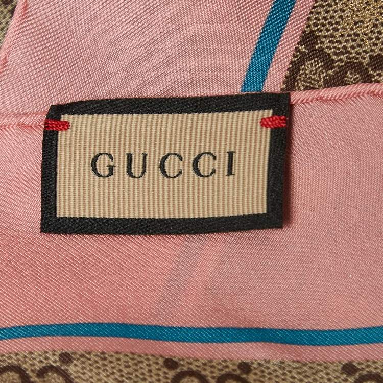 Pre Owned Gucci Beige/Pink GG Monogram Bee Silk Square Scarf
