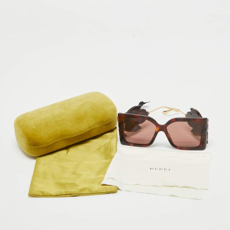 Pre Owned Gucci Brown Tortoise GG0535S Leaf Motif Oversized Sunglasses