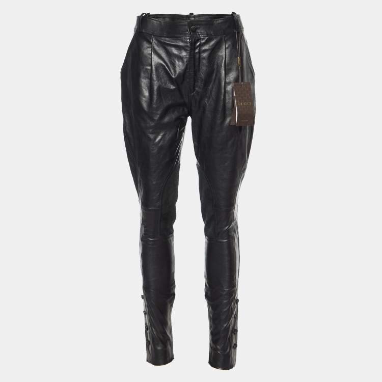 Pre Owned Gucci Black Leather Button Detail Pants S