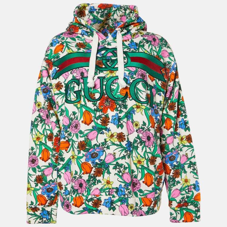 Pre Owned Gucci Beige Printed and Embroidered Knit Hoodie S