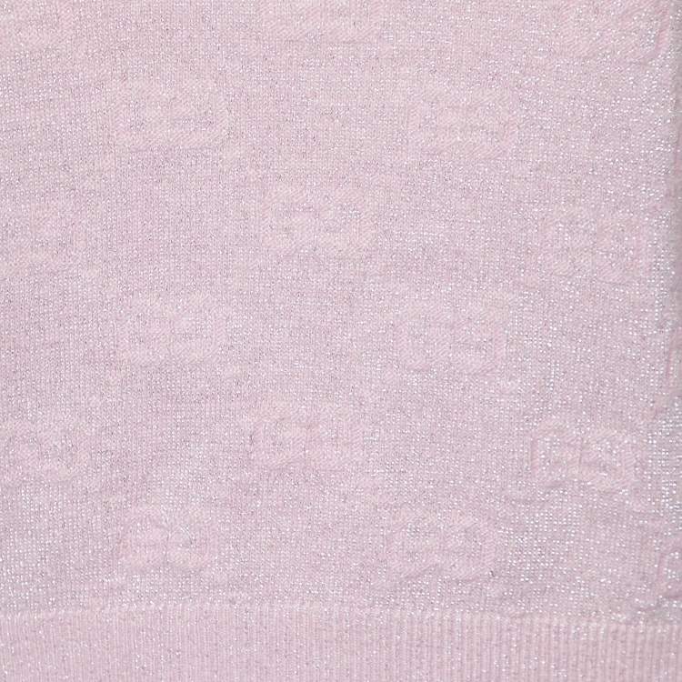 Pre Owned Gucci Pink Monogram Patterned Lurex Knit Long Sleeve Polo XS
