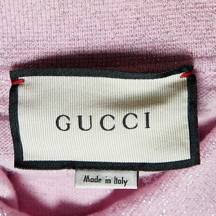 Pre Owned Gucci Pink Monogram Patterned Lurex Knit Long Sleeve Polo XS