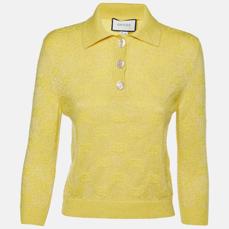 Gucci Yellow Monogram Patterned Lurex Knit Long Sleeve Polo XS Gucci The Luxury Closet