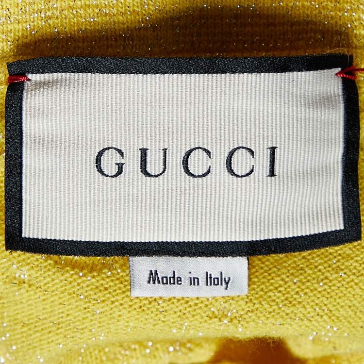 مملوكة مسبقًا Gucci Yellow Monogram Patterned Lurex Knit Long Sleeve Polo XS