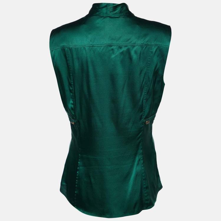 مملوكة مسبقًا Gucci Green Silk Gathered Button Detailed Top M