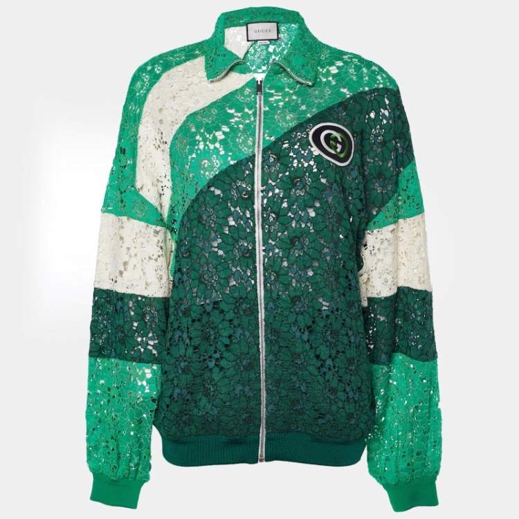 Gucci Green Logo Patch Lace Panelled Track Jacket XS Gucci The Luxury Closet