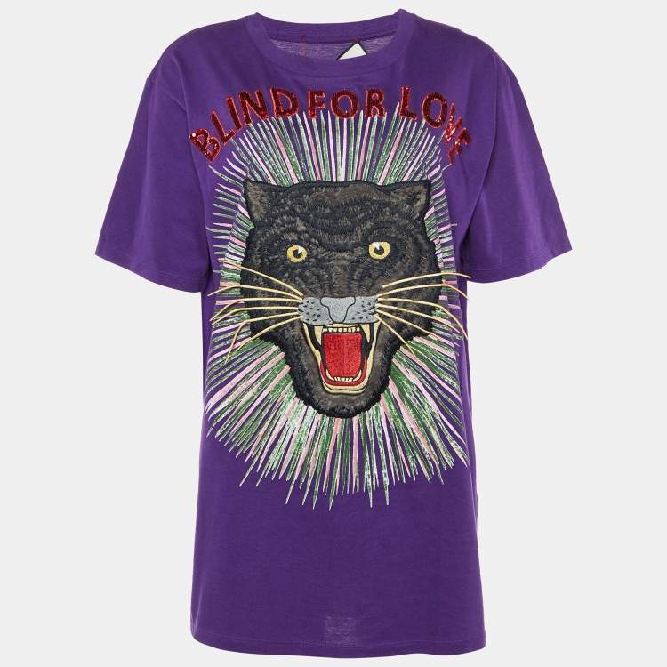 مملوكة مسبقًا Gucci Purple Cotton Blind For Love Appliqued Crew Neck T-Shirt S