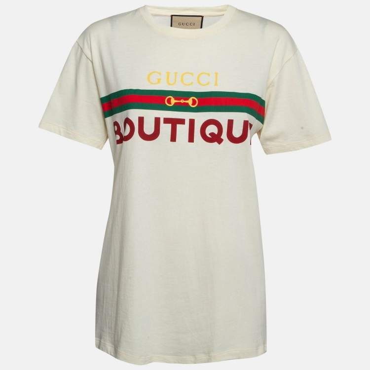 Pre Owned Gucci Cream Ribbon Horse Buckle Print Cotton T-Shirt S
