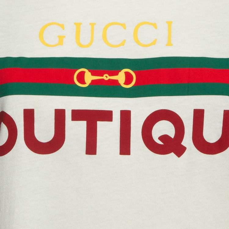 Pre Owned Gucci Cream Ribbon Horse Buckle Print Cotton T-Shirt S