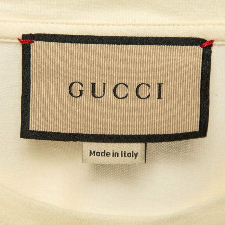 Pre Owned Gucci Cream Ribbon Horse Buckle Print Cotton T-Shirt S