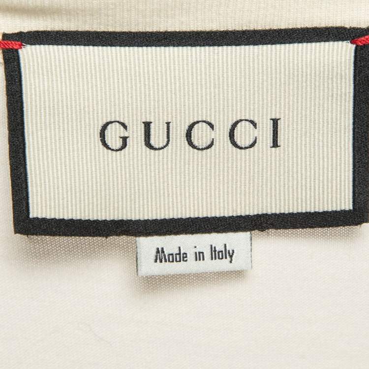 Pre Owned Gucci Cream Sequin Logo Cotton Crew Neck T-Shirt L