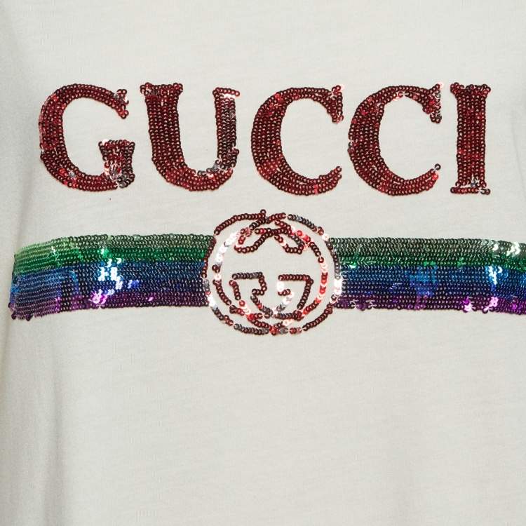 Pre Owned Gucci Cream Sequin Logo Cotton Crew Neck T-Shirt L