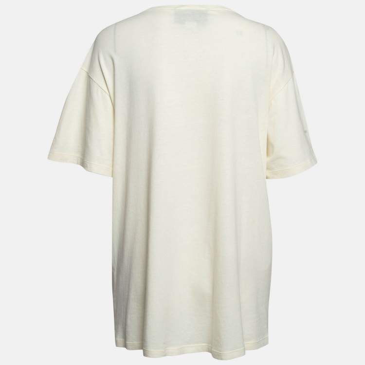 Pre Owned Gucci Cream Sequin Logo Cotton Crew Neck T-Shirt L