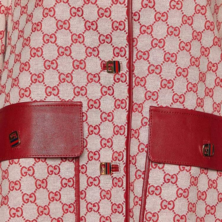 Pre Owned Gucci Red Monogram Jacquard Leather Trimmed Blazer & Skirt Set M