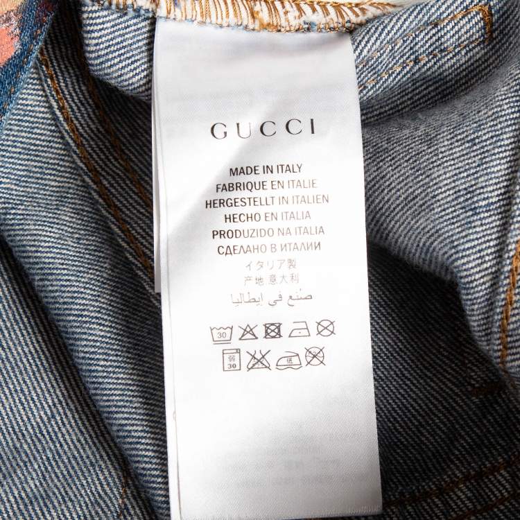 Pre Owned Gucci Blue Floral Hand Painted Denim Jeans XS Waist 23"