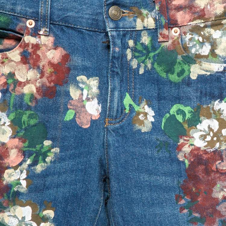Pre Owned Gucci Blue Floral Hand Painted Denim Jeans XS Waist 23"
