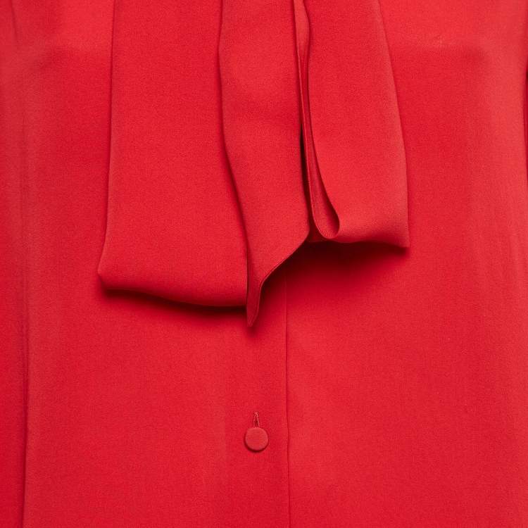 Pre Owned Gucci Red Satin Silk Tie-Up Neck Blouse S