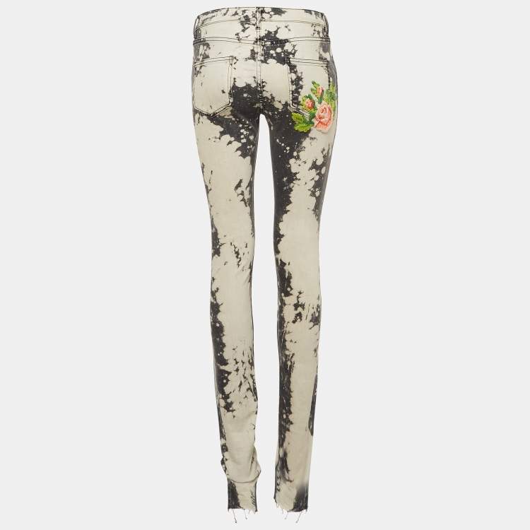 Pre Owned Gucci Grey Abstract Bleach Pattern Denim Embroidered Jeans S Waist 26"