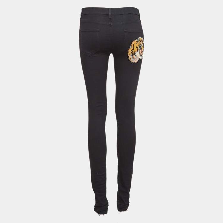 مملوكة مسبقًا Gucci Black Tiger Applique Denim Skinny Jeans S Waist 26"