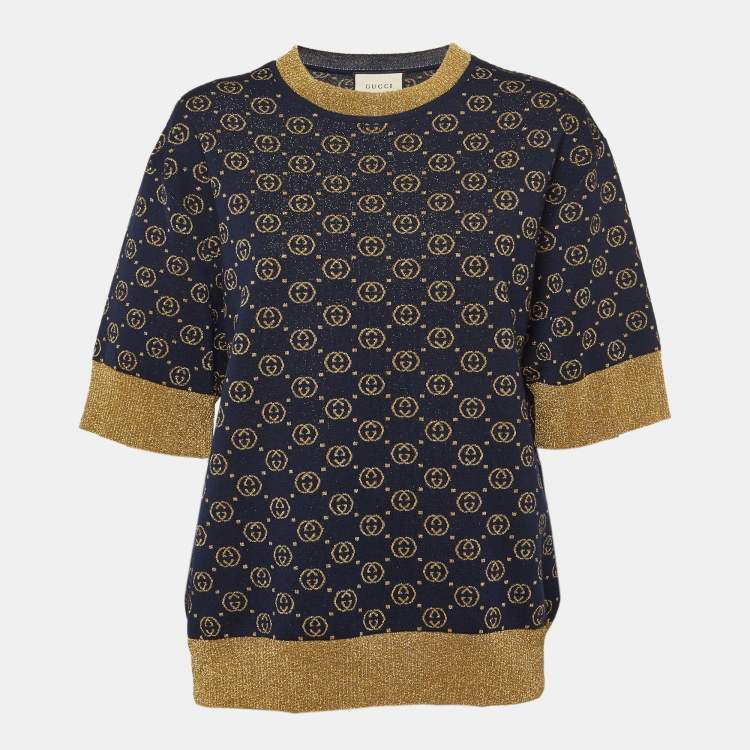 Pre Owned Gucci Navy Blue GG Lame Knit Top S