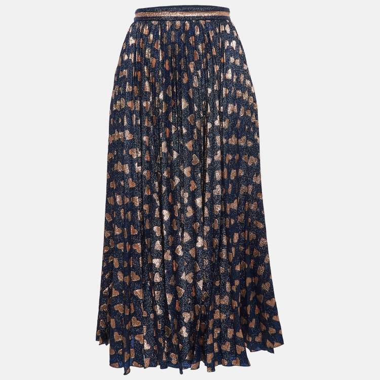 مملوكة مسبقًا Gucci Navy Blue Heart Pattern Lamé Plisse Midi Skirt S