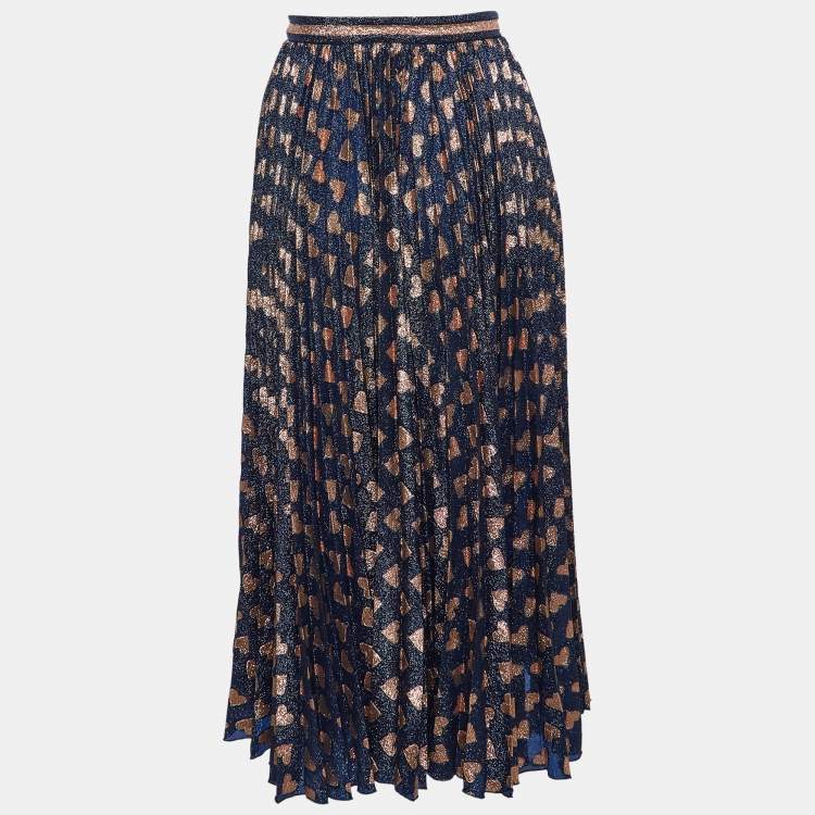 مملوكة مسبقًا Gucci Navy Blue Heart Pattern Lamé Plisse Midi Skirt S
