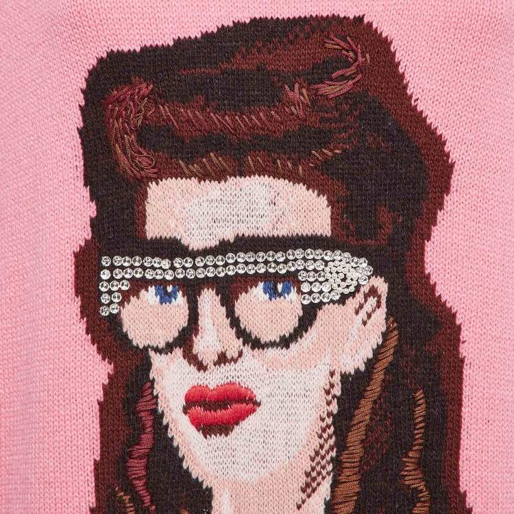 Pre Owned Gucci Pink Embellished & Patterned Wool Knit Sweater XL