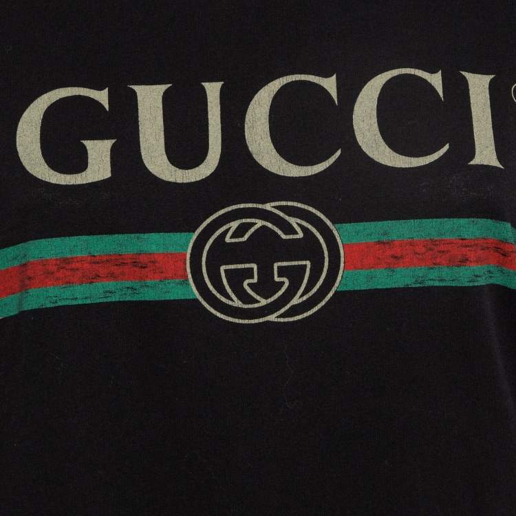 Pre Owned Gucci Black Logo Print Distressed Cotton T-Shirt M