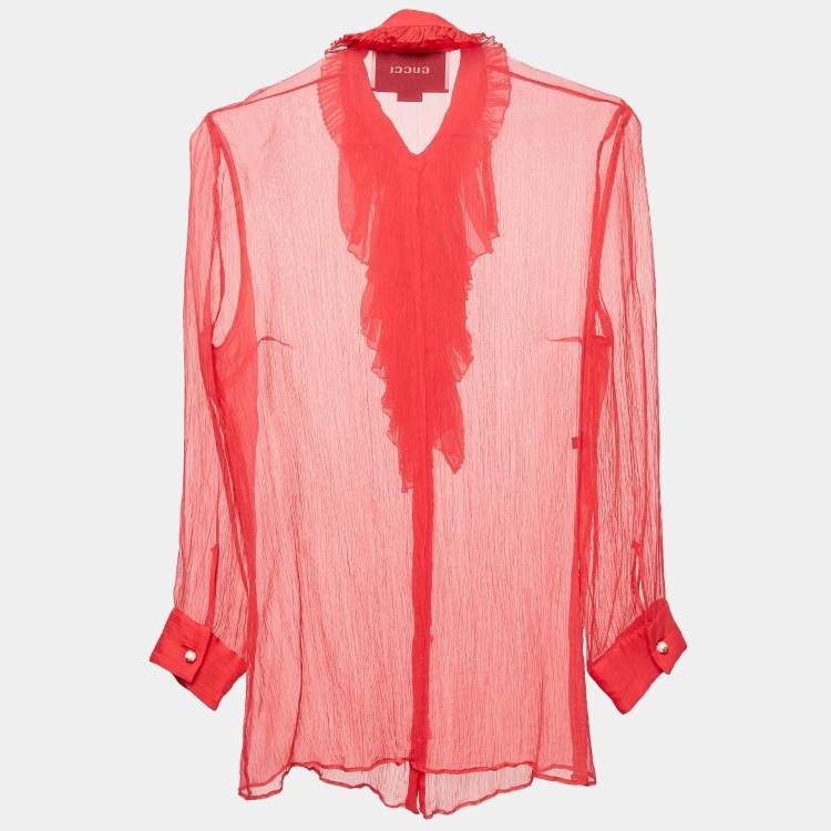 Pre Owned Gucci Pink Chiffon Ruffled Sheer Shirt M
