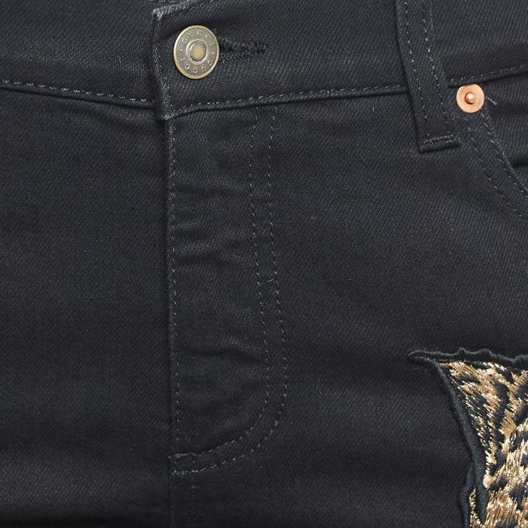 Pre Owned Gucci Black Angry Cat Applique Denim Skinny Jeans M Waist 28"
