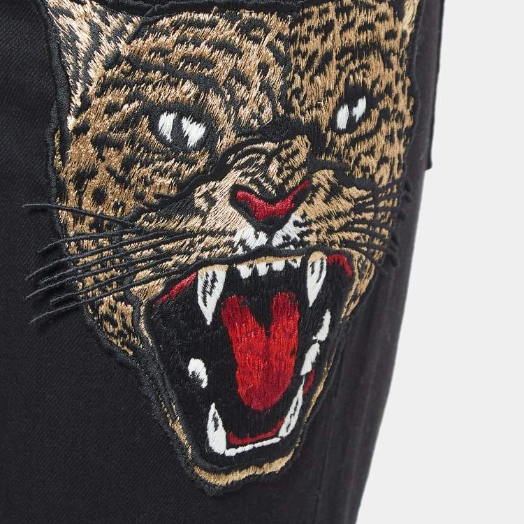 Pre Owned Gucci Black Angry Cat Applique Denim Skinny Jeans M Waist 28"