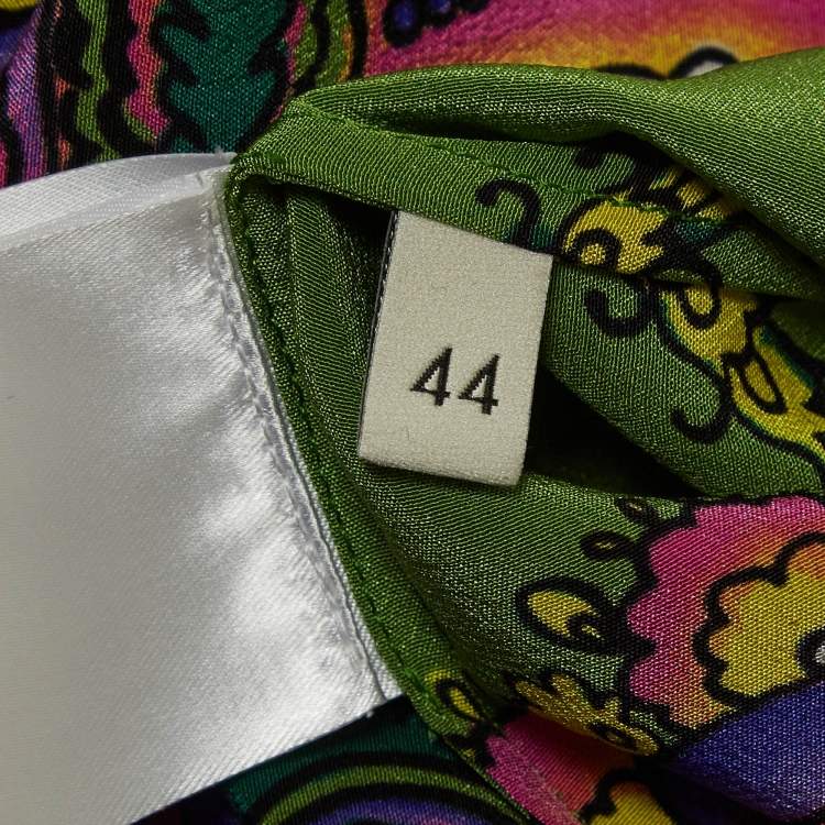 Pre Owned Gucci Green Printed Silk Tie-Neck Blouse M